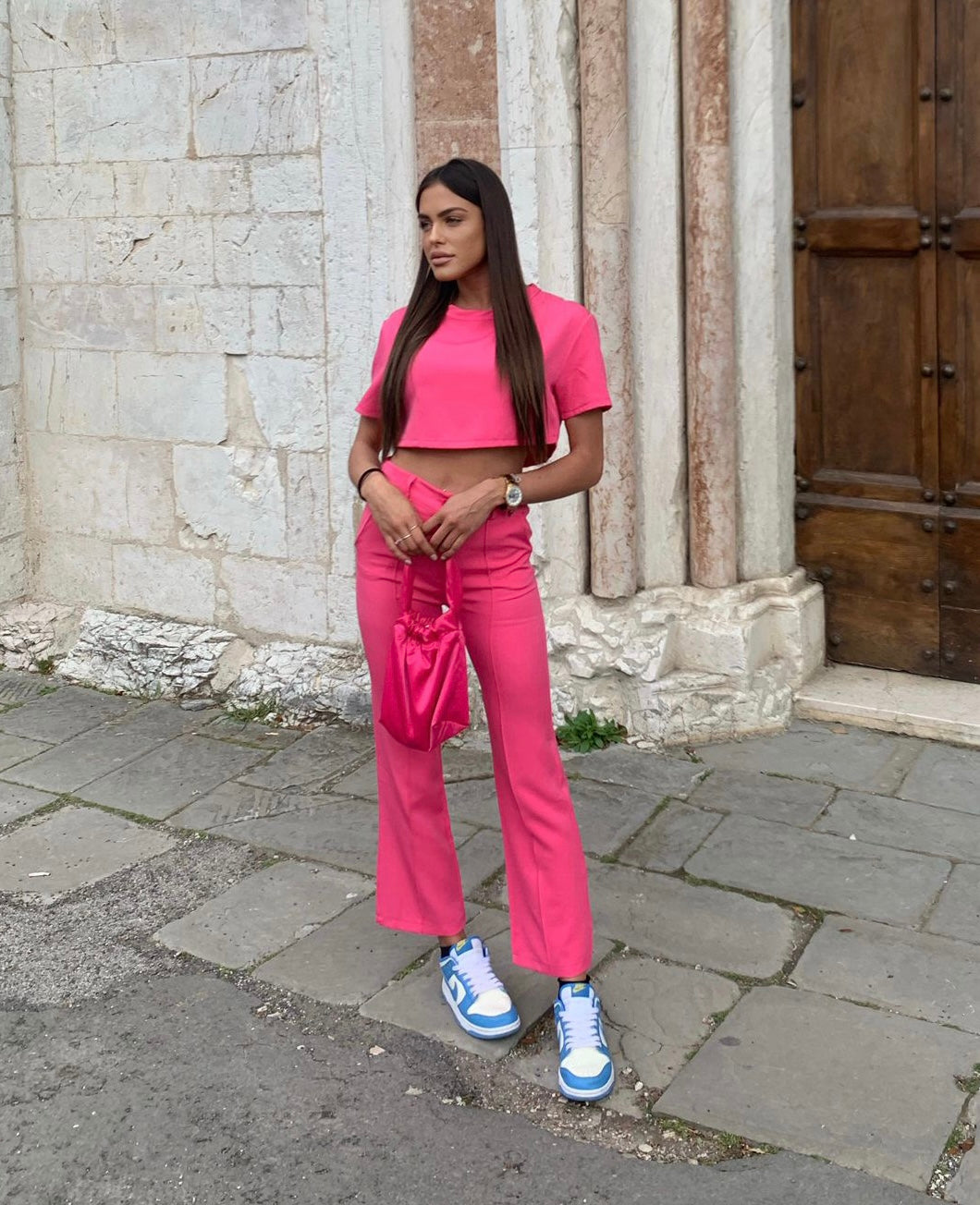 Completo maglia crop e pantalone Fuxia - R.a. Boutique 