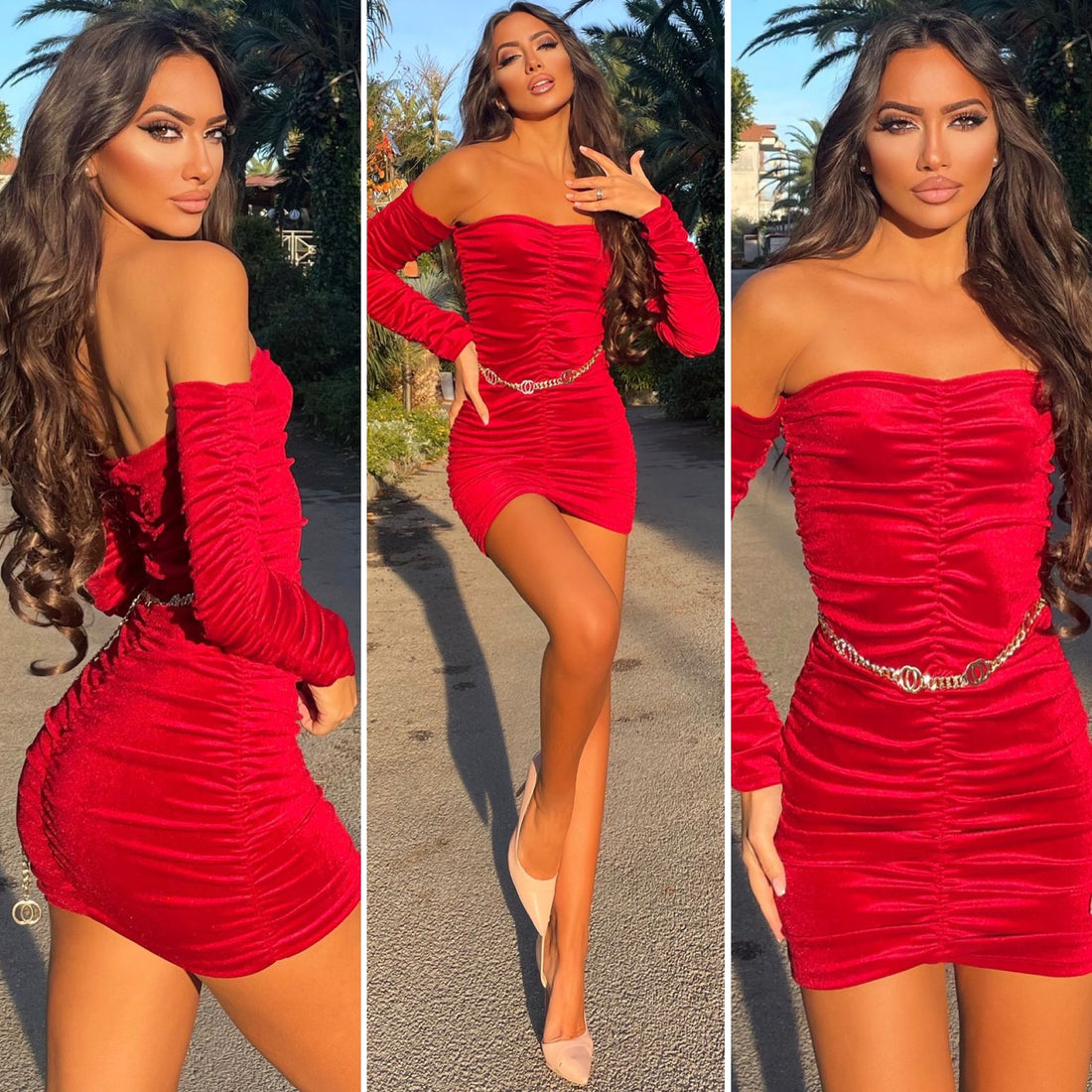 Abito in velluto arricciato rosso - R.a. Boutique 