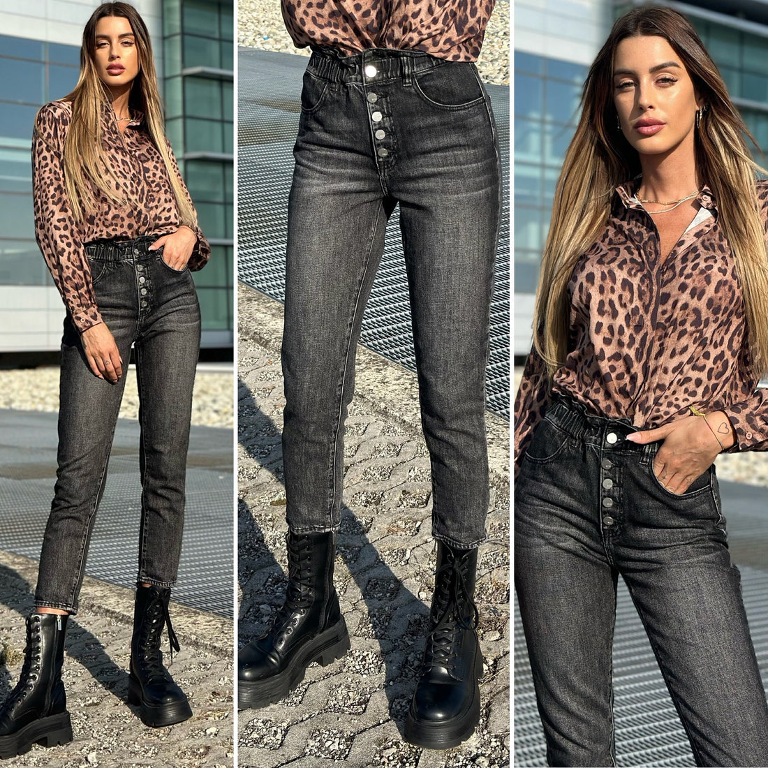 Jeans a vita alta grigio/nero - R.a. Boutique 