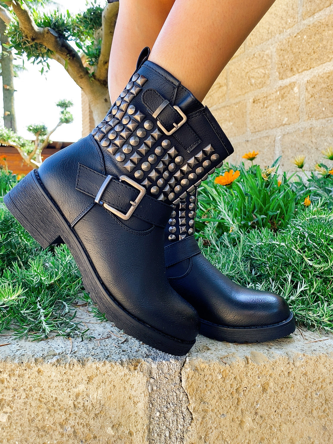 Stivali Donna Biker Estivi Cuoio In Pelle Con Borchie E Zip - Calzature - Foto 8