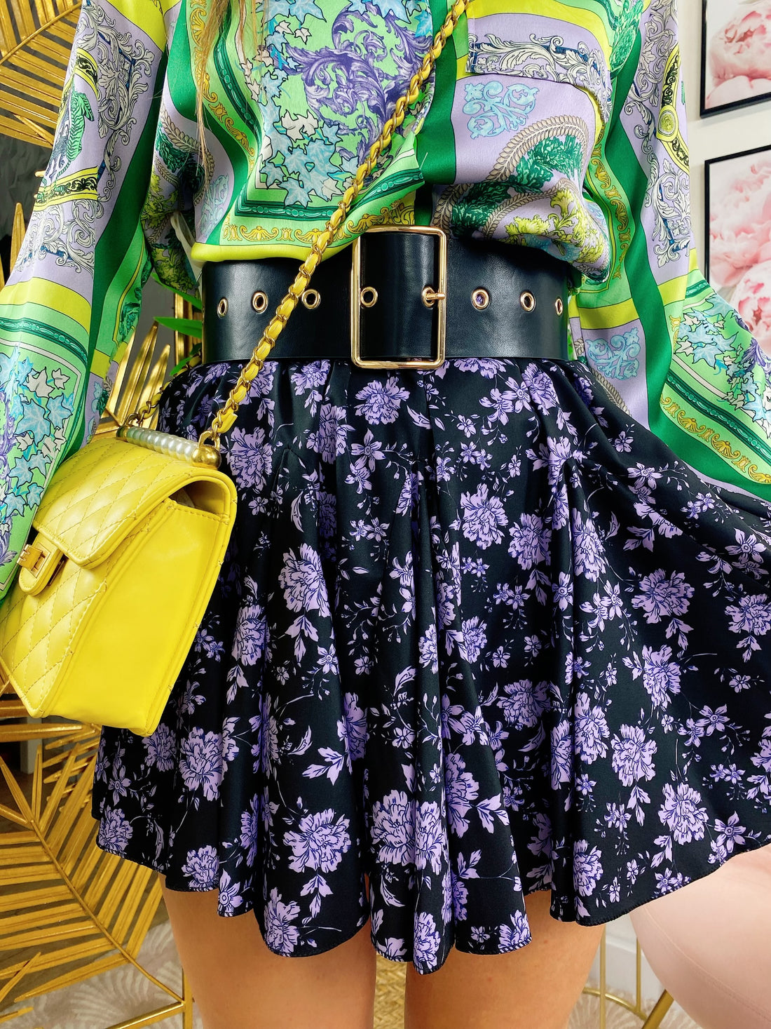 Gonna a fiorellini lilla base nera - R.a. Boutique 