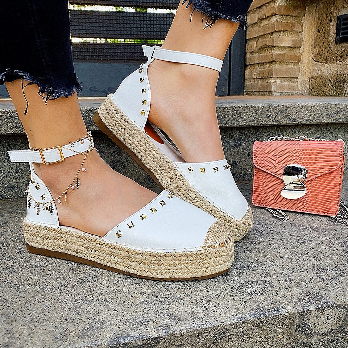 Low platform espadrilles with white studs - Main Image