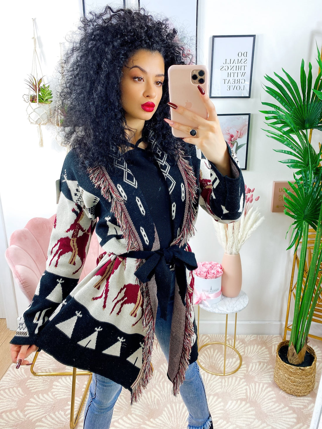 Cardigan frange e cinta cavallo nero e Bordeaux - R.a. Boutique 