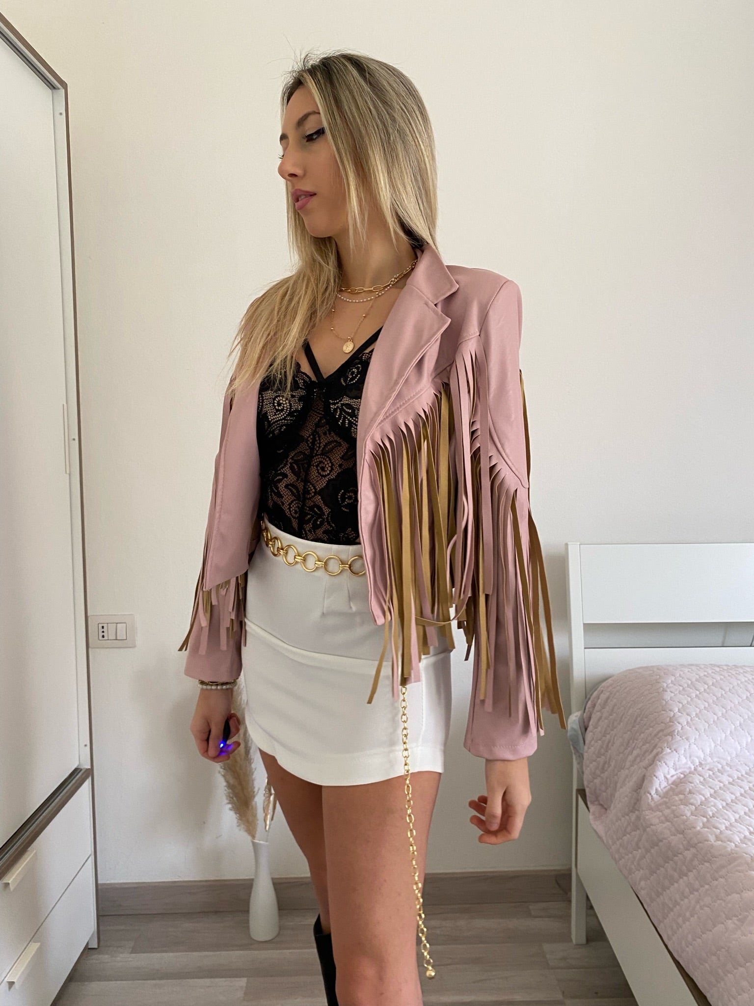 Faux leather jacket with powder fringes delivery 24/48h