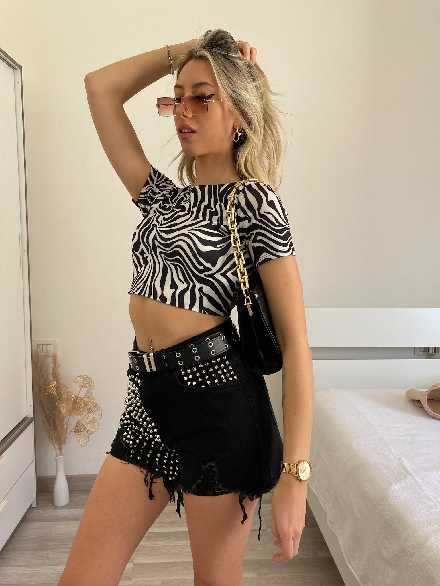 Crop top zebrato manica corta - R.a. Boutique 