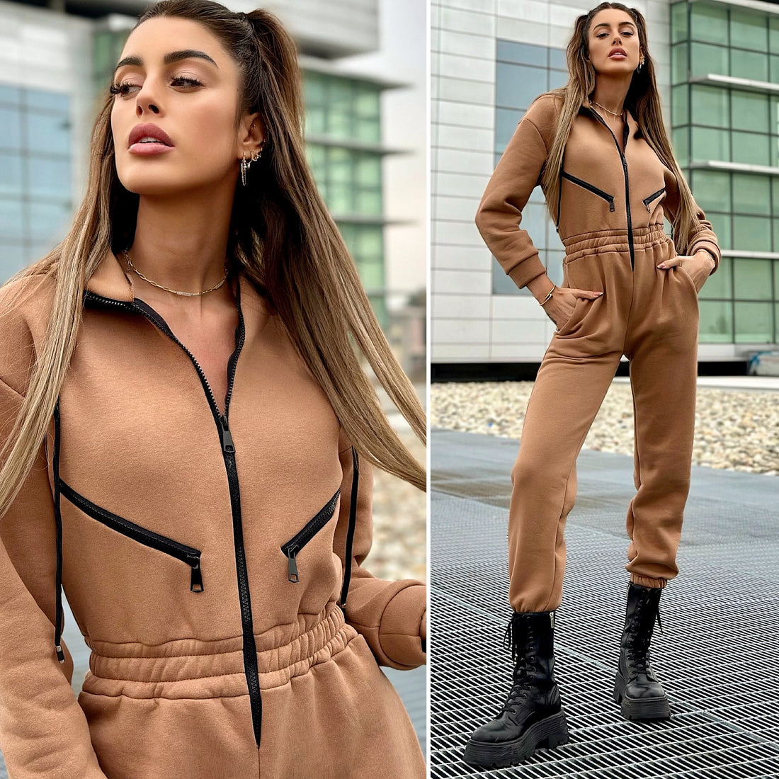 Tuta intera Camel con zip - R.a. Boutique 