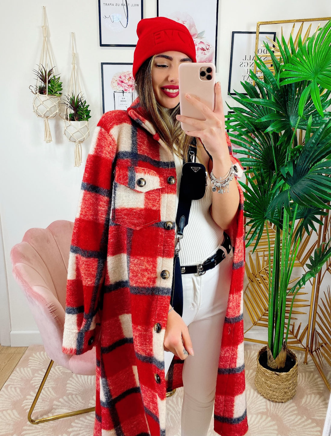 Giacca a quadri lunga Rossa - R.a. Boutique 