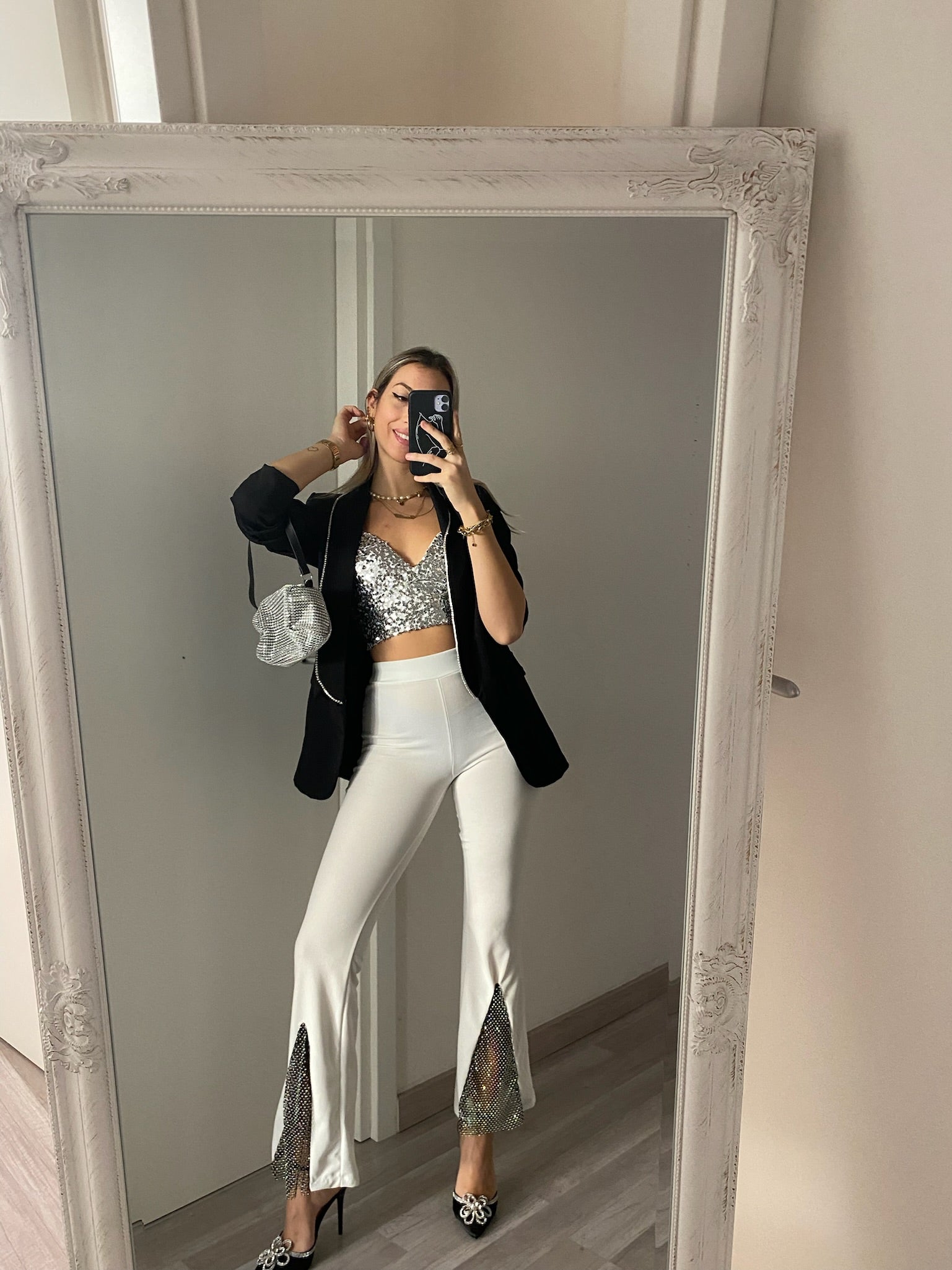 Pantaloni a zampa con strass bianco - R.a. Boutique 