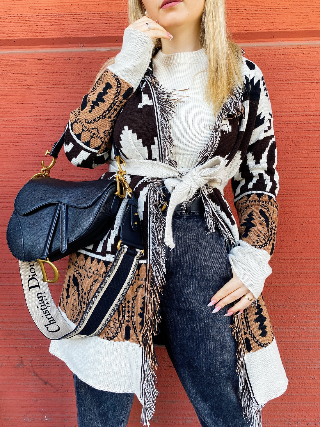 Cardigan Camel/Black con frange e cinta - R.a. Boutique 