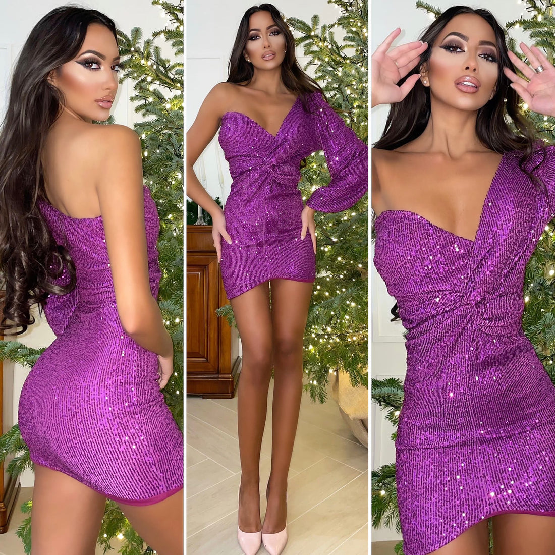 Abito monospalla con paillettes peonia - R.a. Boutique 