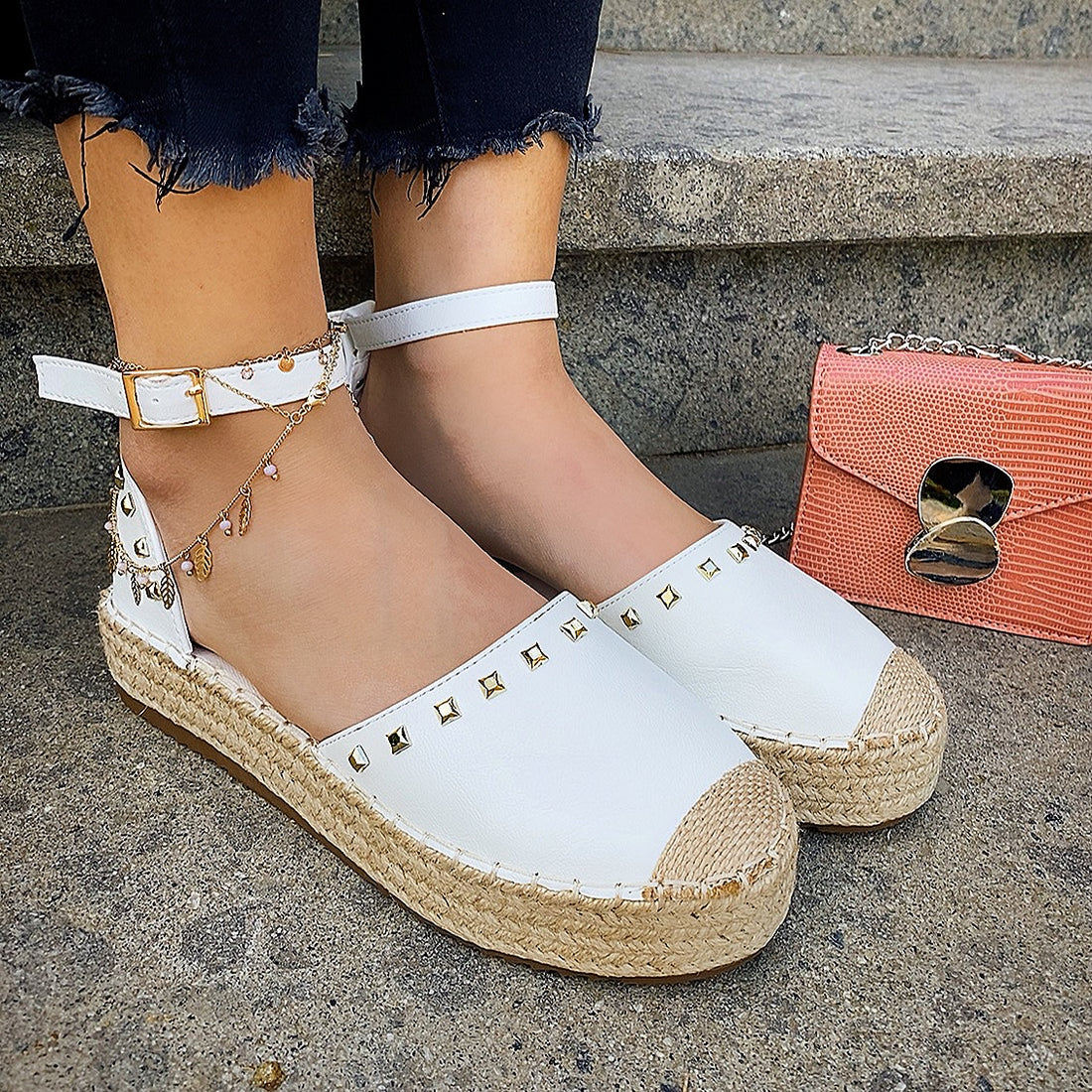 Espadrillas platform basso con borchie white - R.a. Boutique 