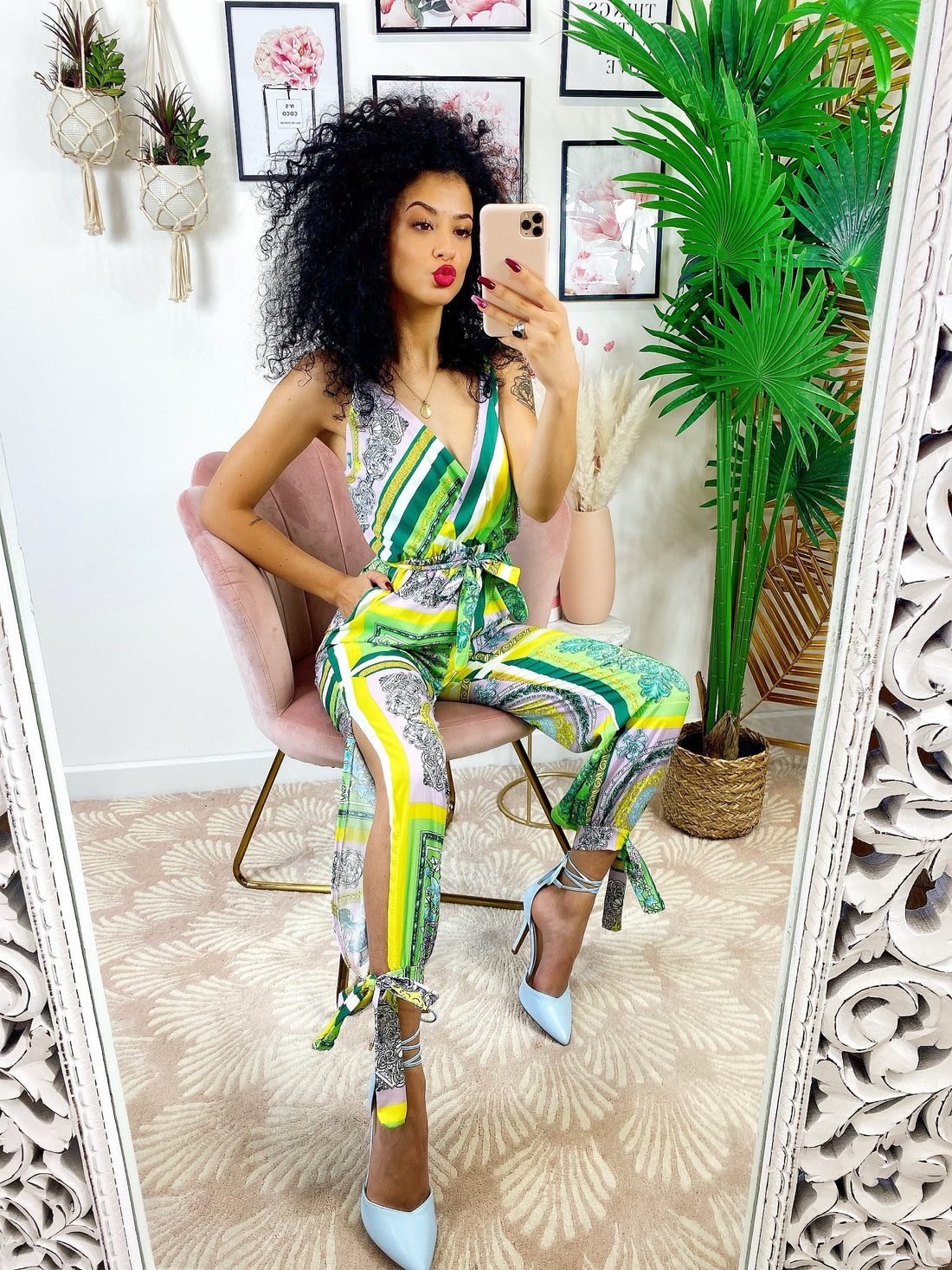 Tuta intera con spacchi  stampa etnica verde - R.a. Boutique 