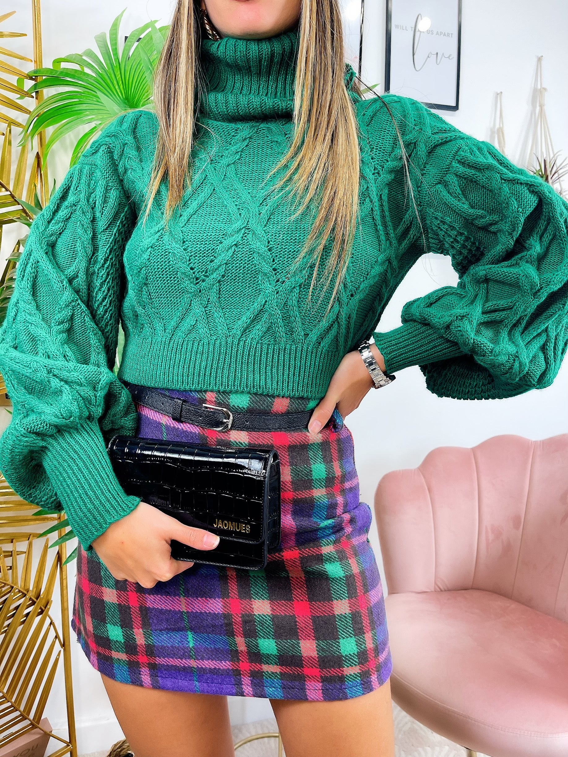 Maglione con collo alto e trecce crop verde - R.a. Boutique 