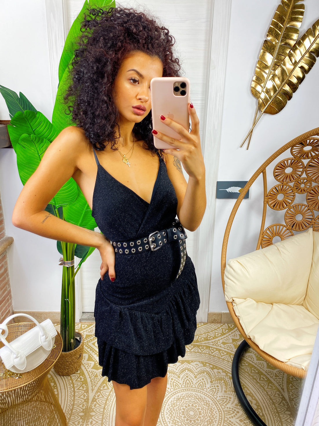 Abito corto nero glitter con gonna asimmetrica - R.a. Boutique 