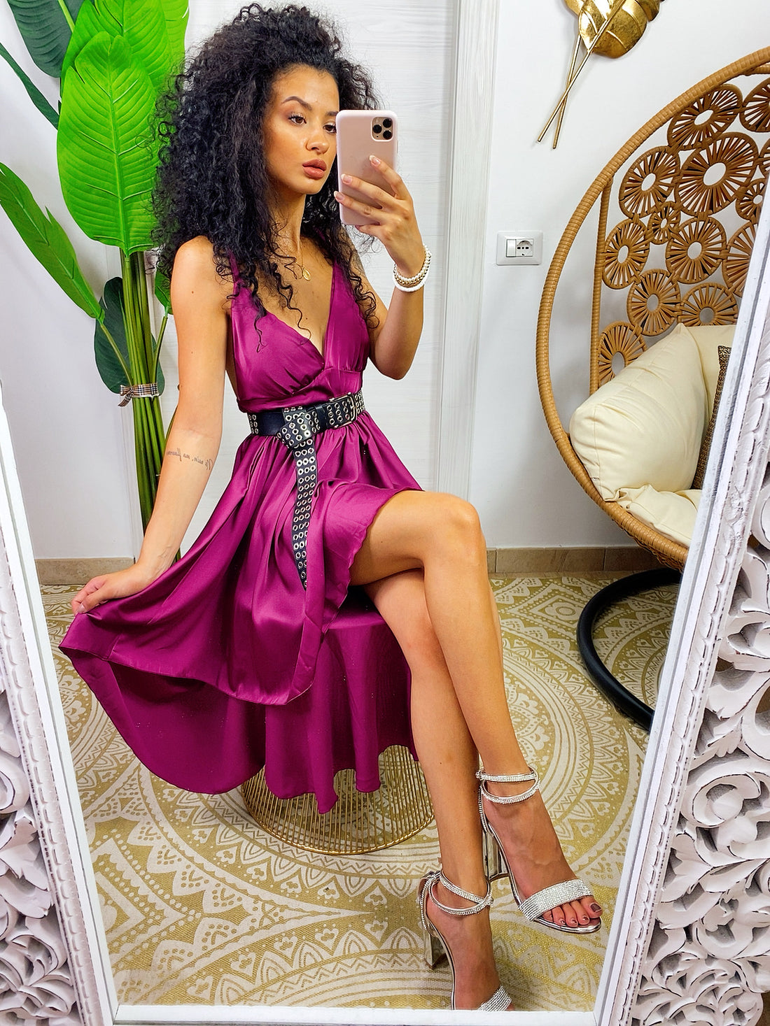 Abito in raso con gonna asimmetrica peonia - R.a. Boutique 