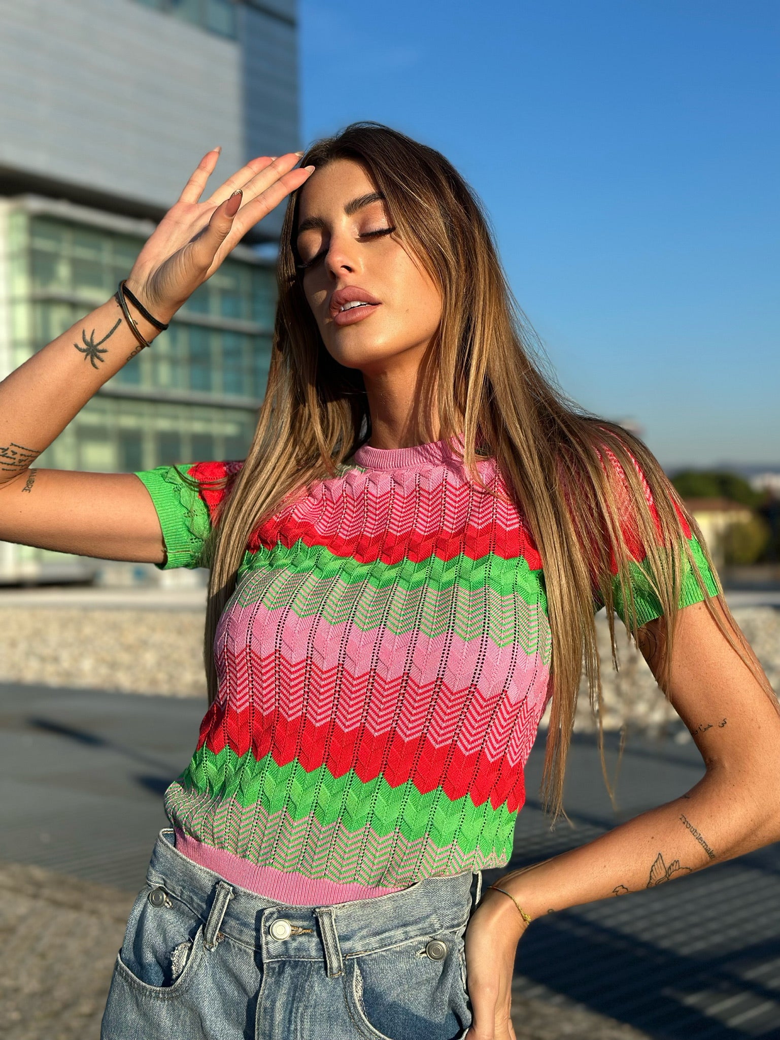 Maglia rosa e verde con cuori - R.a. Boutique 