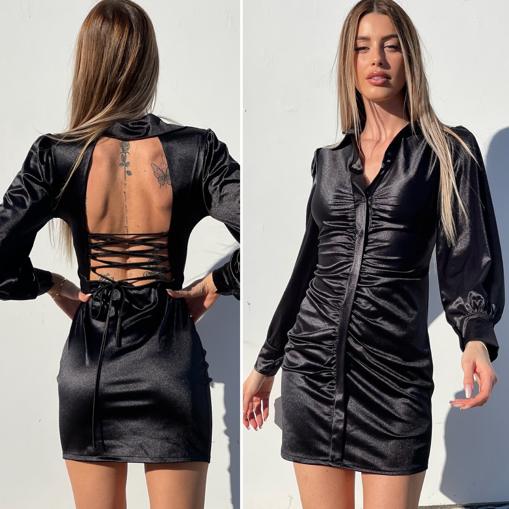 Abito in raso nero schiena aperta - R.a. Boutique 