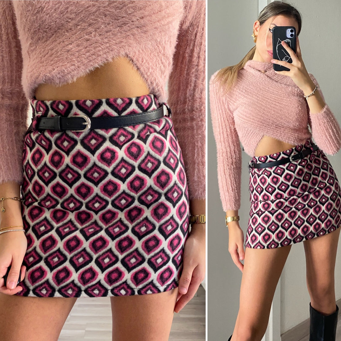 Gonna in tweed Fuxia a rombi - R.a. Boutique 