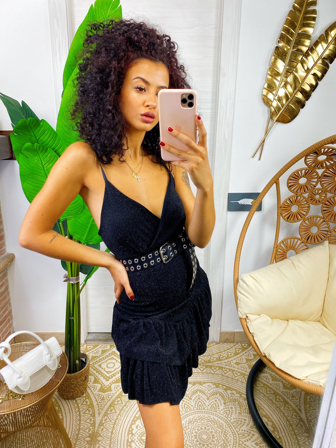 Abito corto nero glitter con gonna asimmetrica - R.a. Boutique 