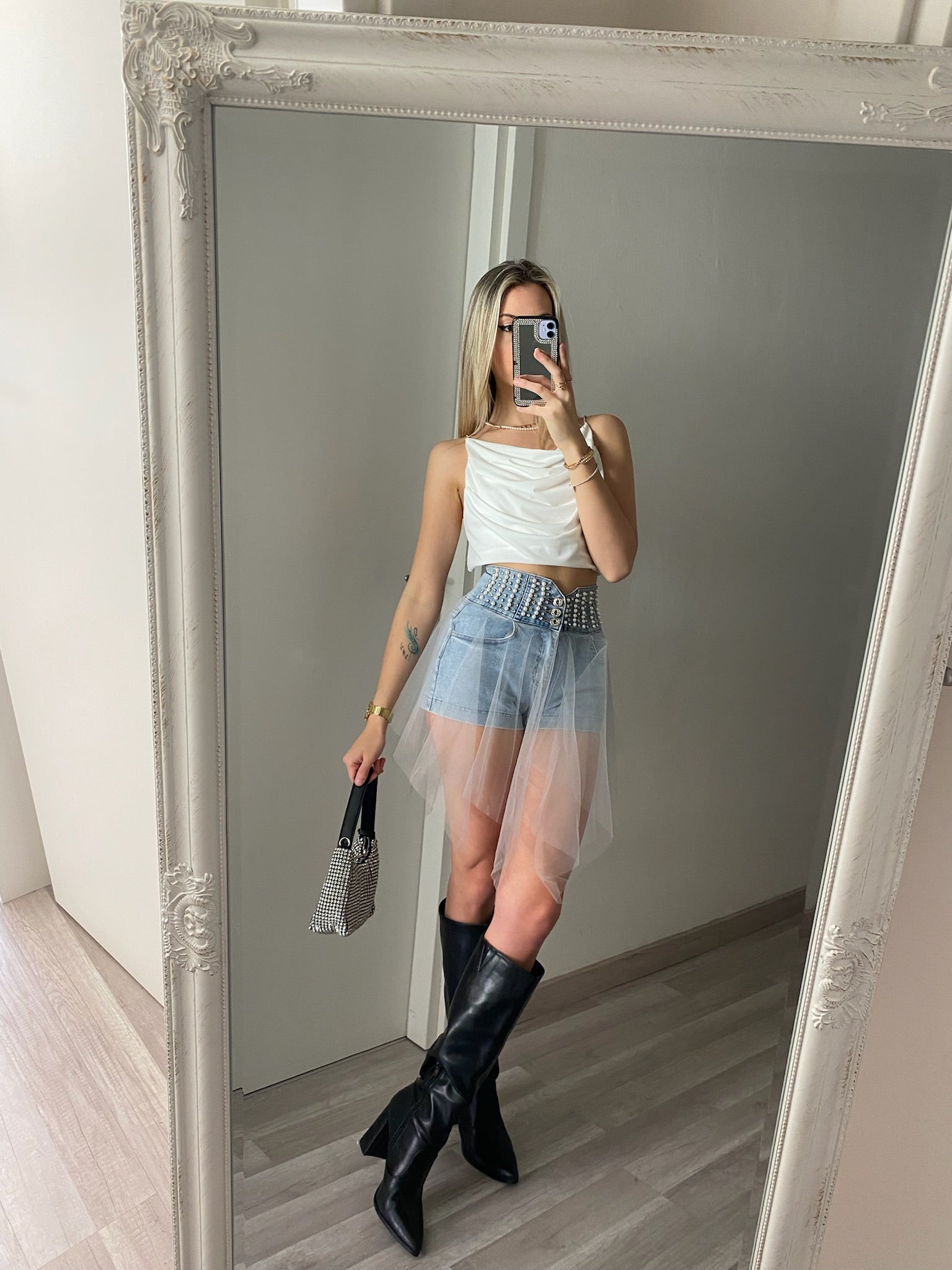 Short in jeans con perle e tulle - R.a. Boutique 