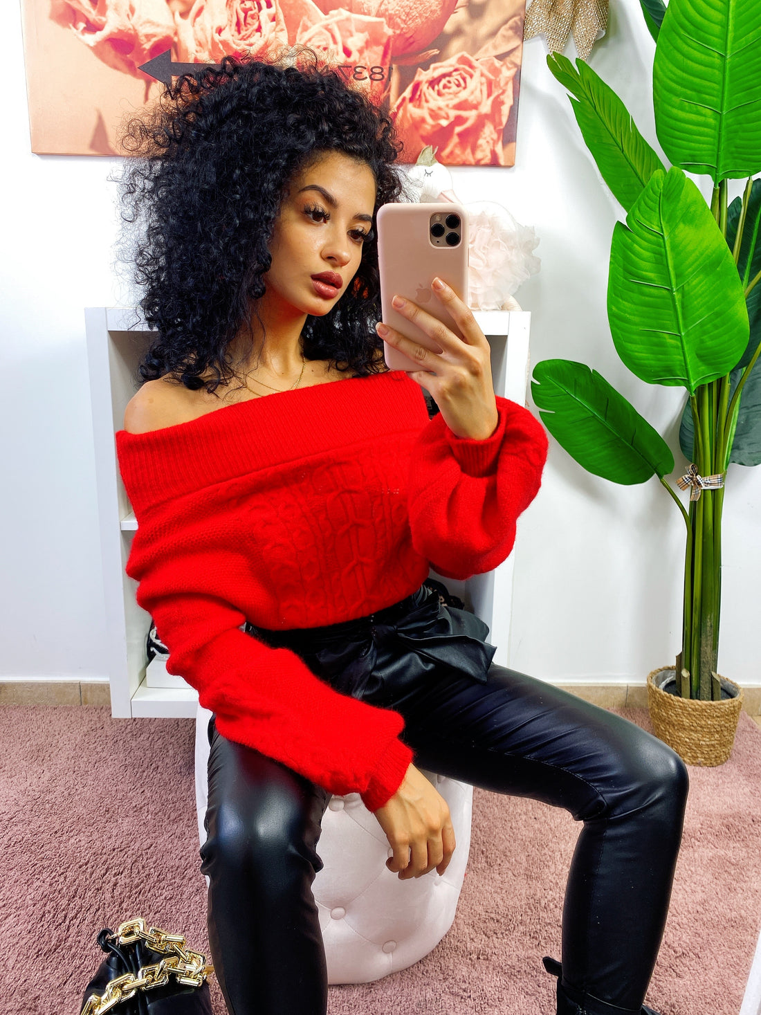 Maglione scollo a barchetta con trecce rosso - R.a. Boutique 