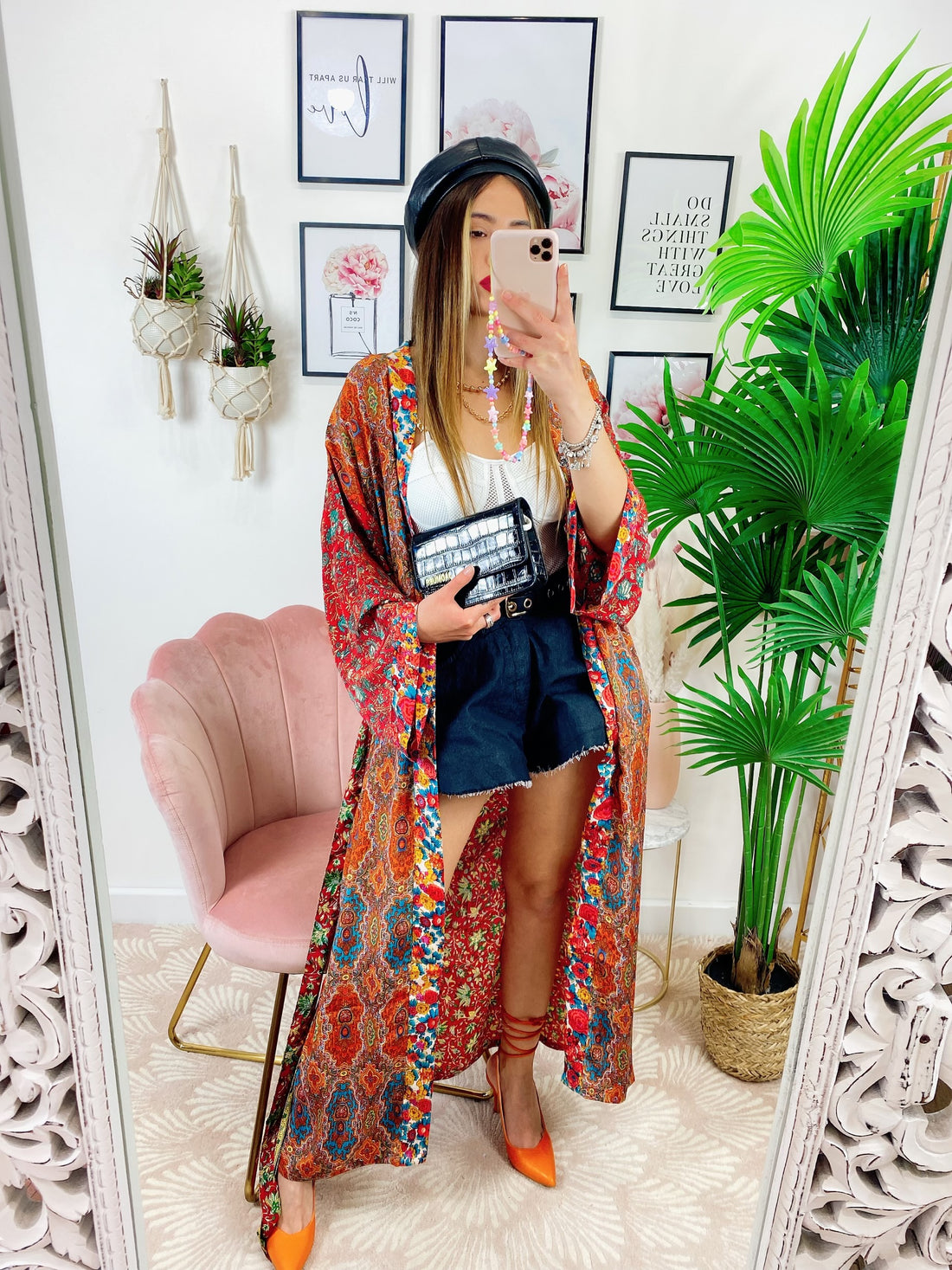 Kimono in seta etnico base Rossa con fiori - R.a. Boutique 