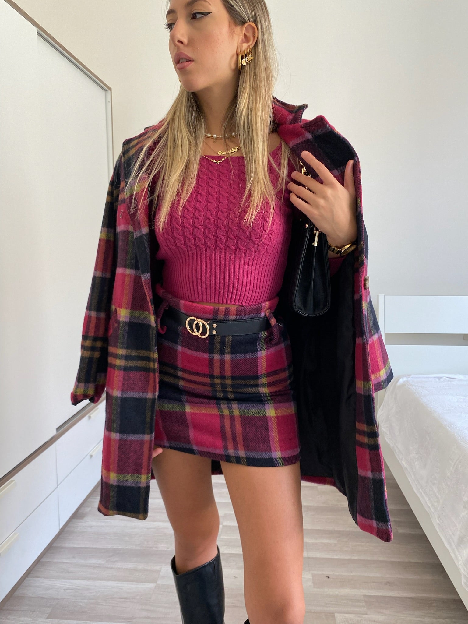 Cappotto check fucsia nero - R.a. Boutique 