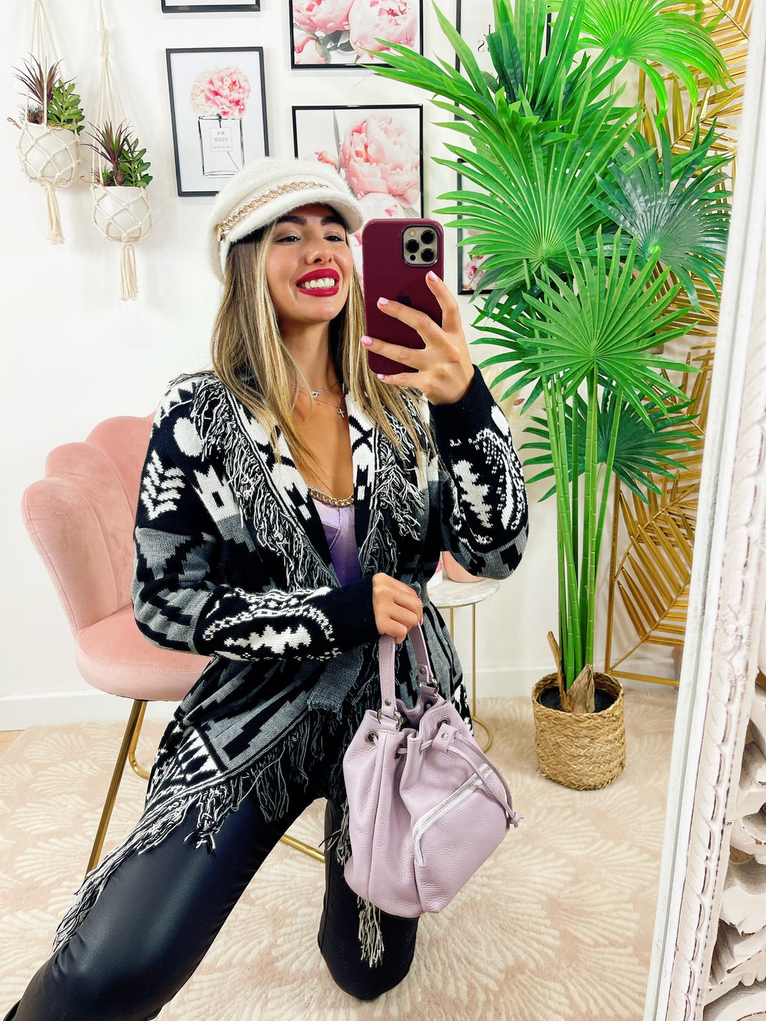 Cardigan con frange e cinta dettaglio Grigio nero - R.a. Boutique 