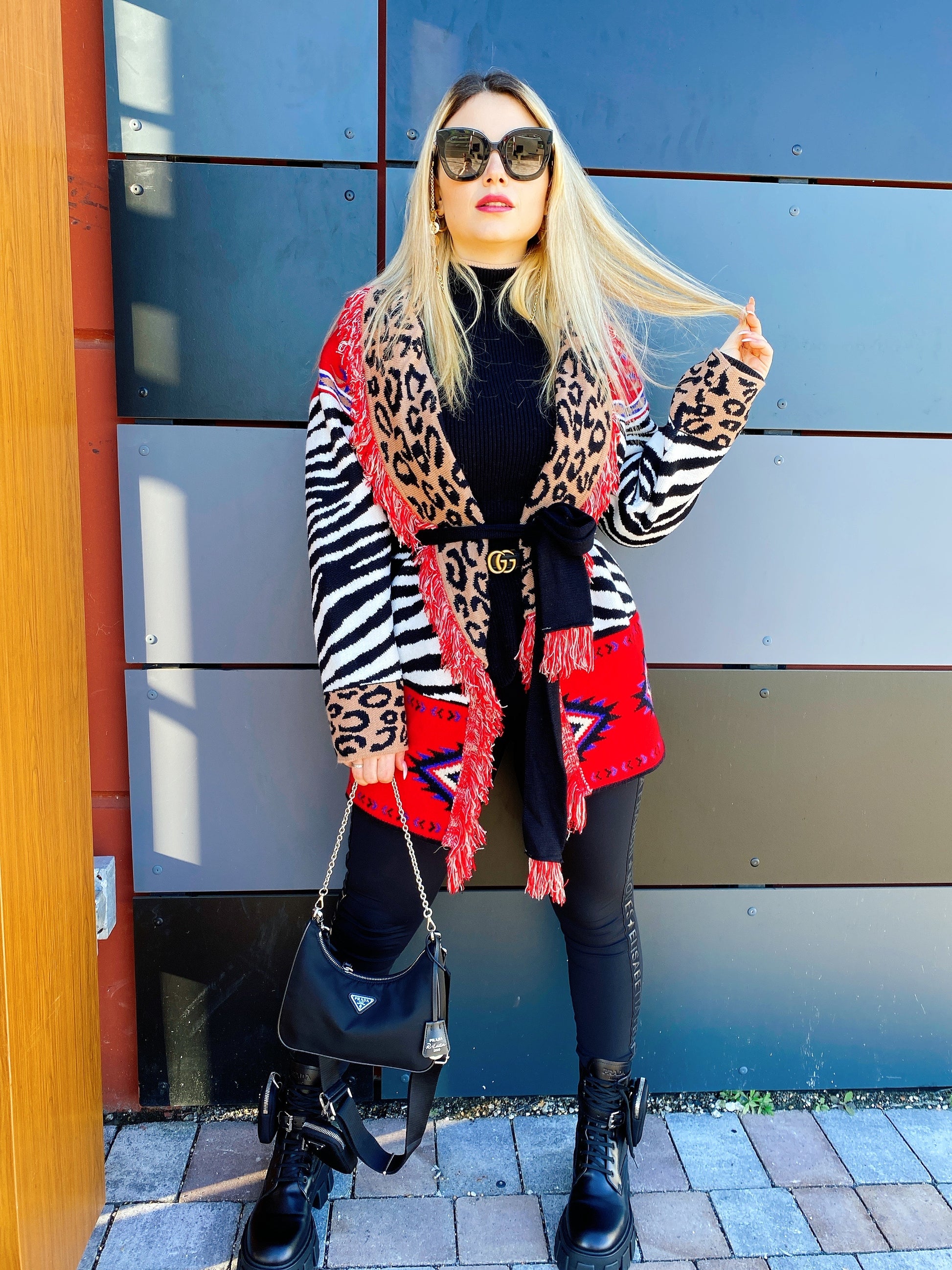 Cardigan frange e cinta rosso maculato - R.a. Boutique 