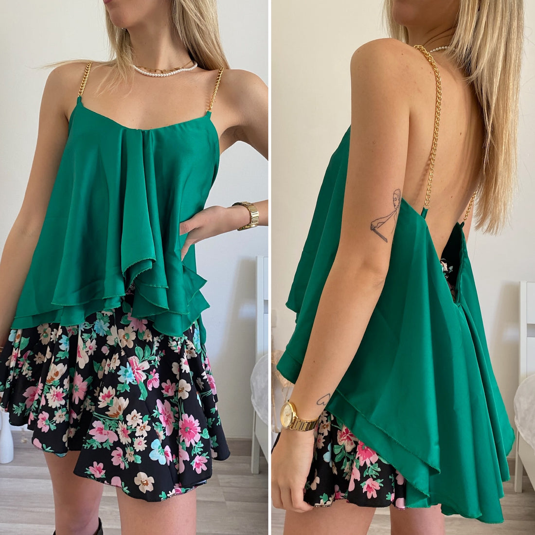 Canotta in raso verde spalline in catena - R.a. Boutique 