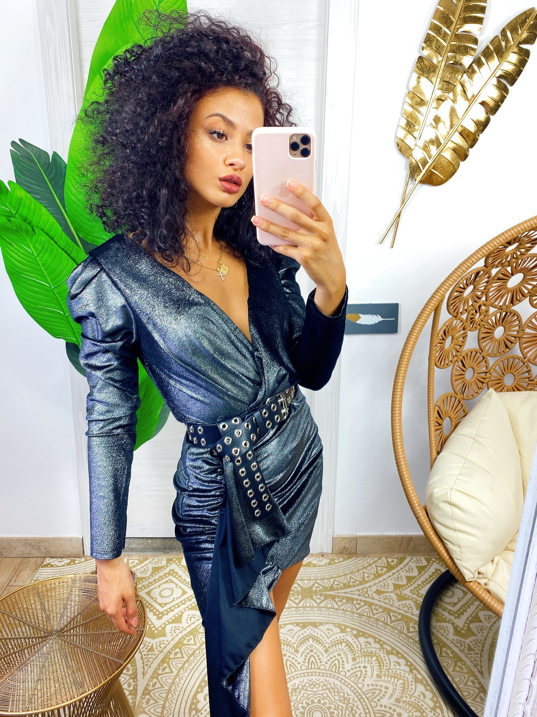 Abito in velluto grigio con brillantini e manica bombata - R.a. Boutique 