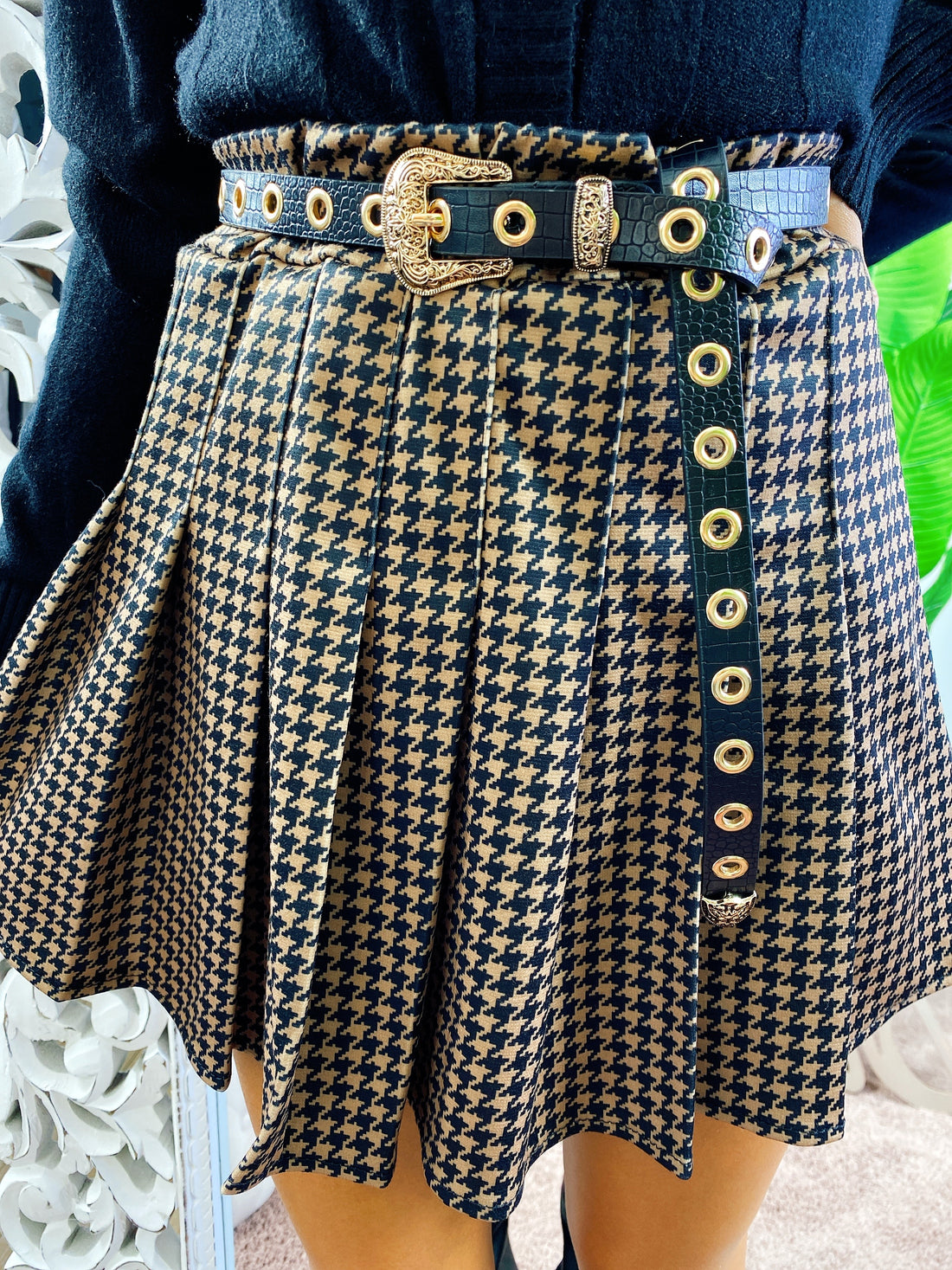 Gonna a pieghine pied de poule camel e nero - R.a. Boutique 