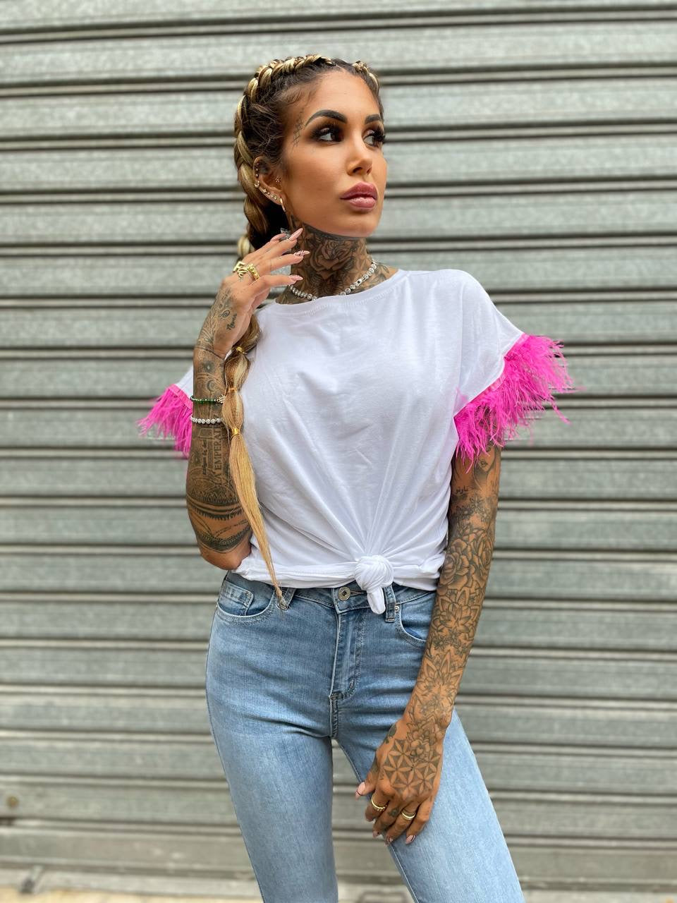 T-shirt con piume Fuxia - R.a. Boutique 