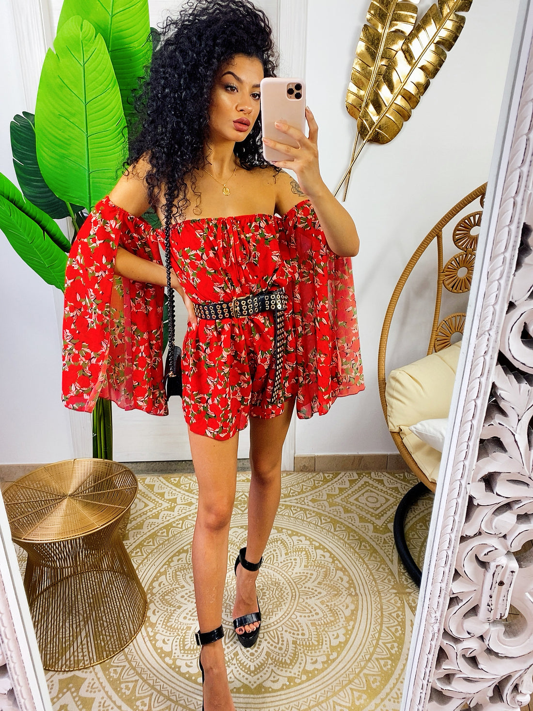 Tutina rossa manica velata con fiori - R.a. Boutique 