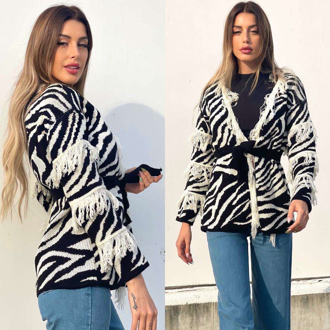 Cardigan zebrato nero con frange e cinta - R.a. Boutique 