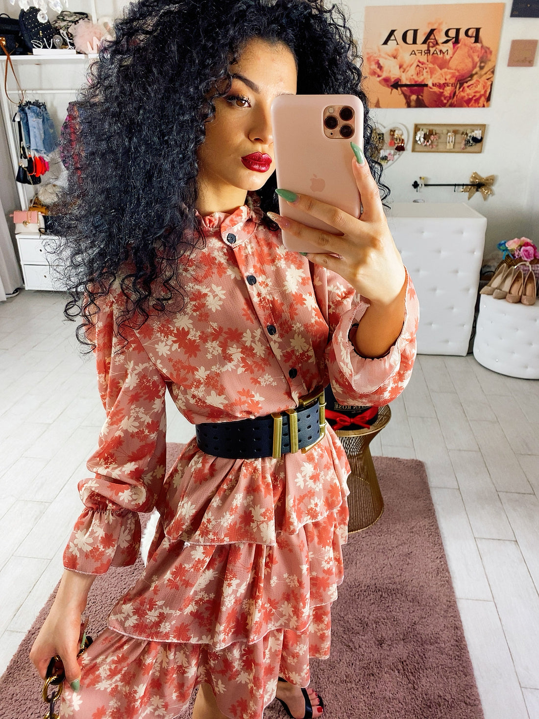 Abito a balze con fiori rosa - R.a. Boutique 