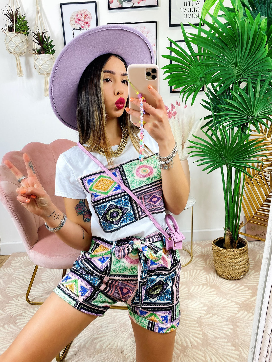 Completo etnico Short e t-shirt base Celeste e lilla - R.a. Boutique 