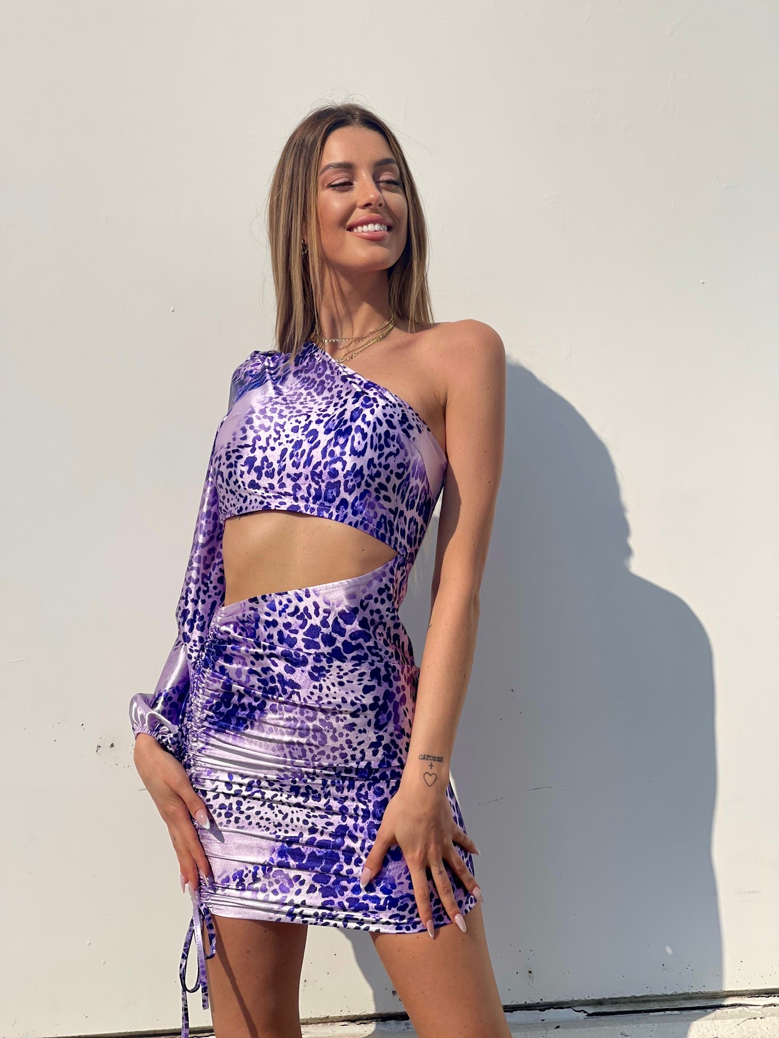 Abito monospalla animalier lilla - R.a. Boutique 