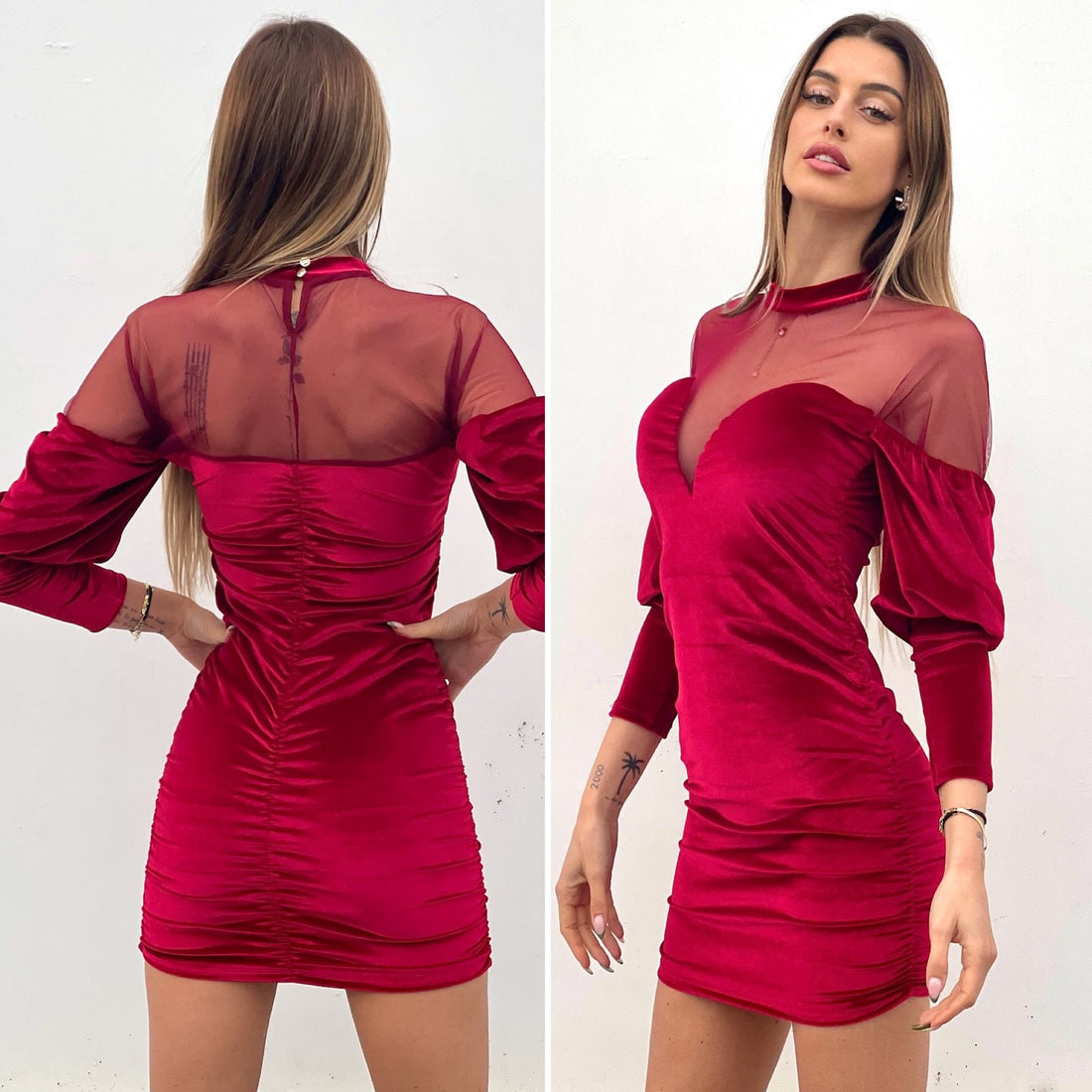 Abito in velluto rosso con maniche velate - R.a. Boutique 