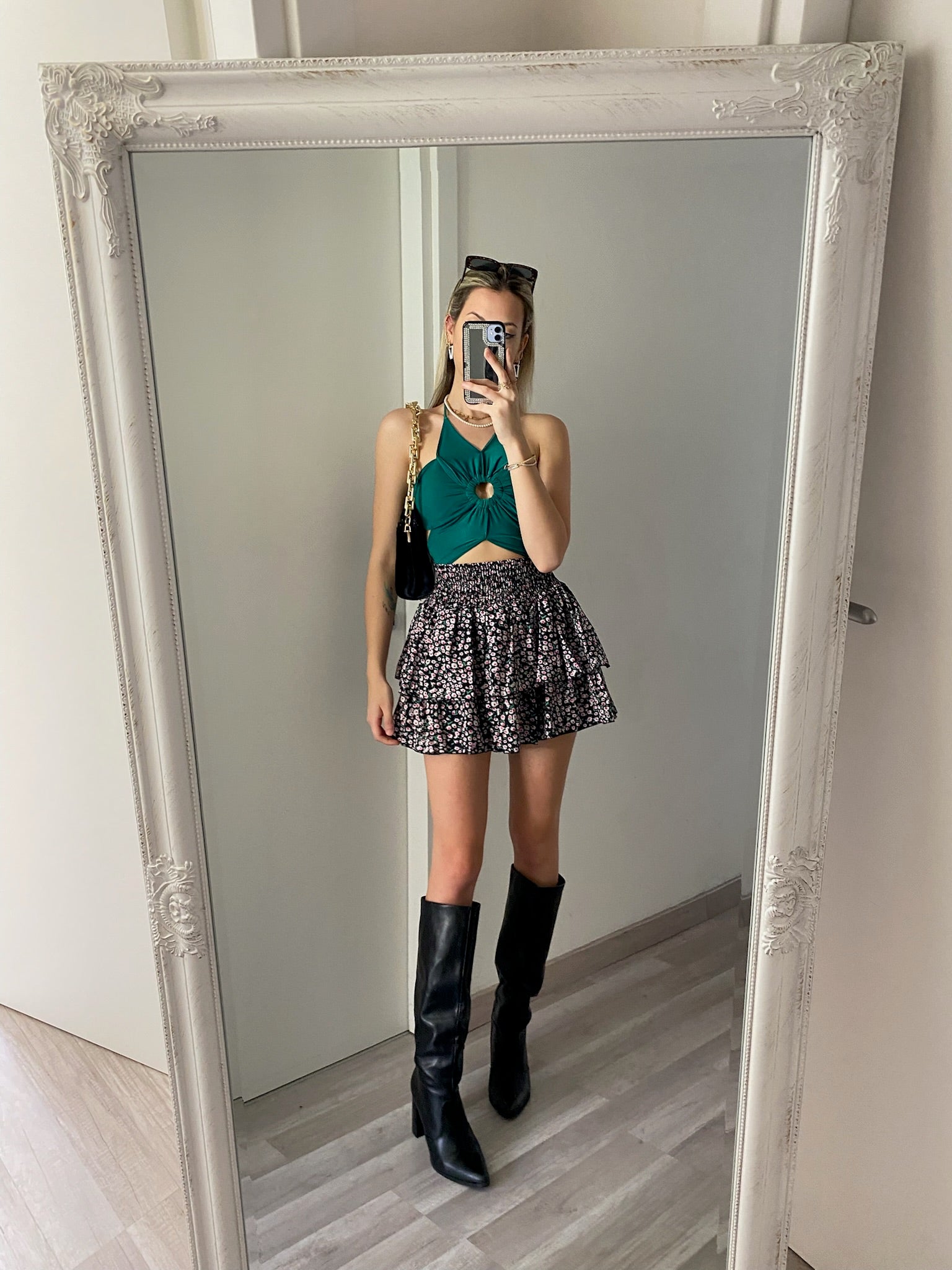 Gonna a balze fiori Fuxia verde - R.a. Boutique 