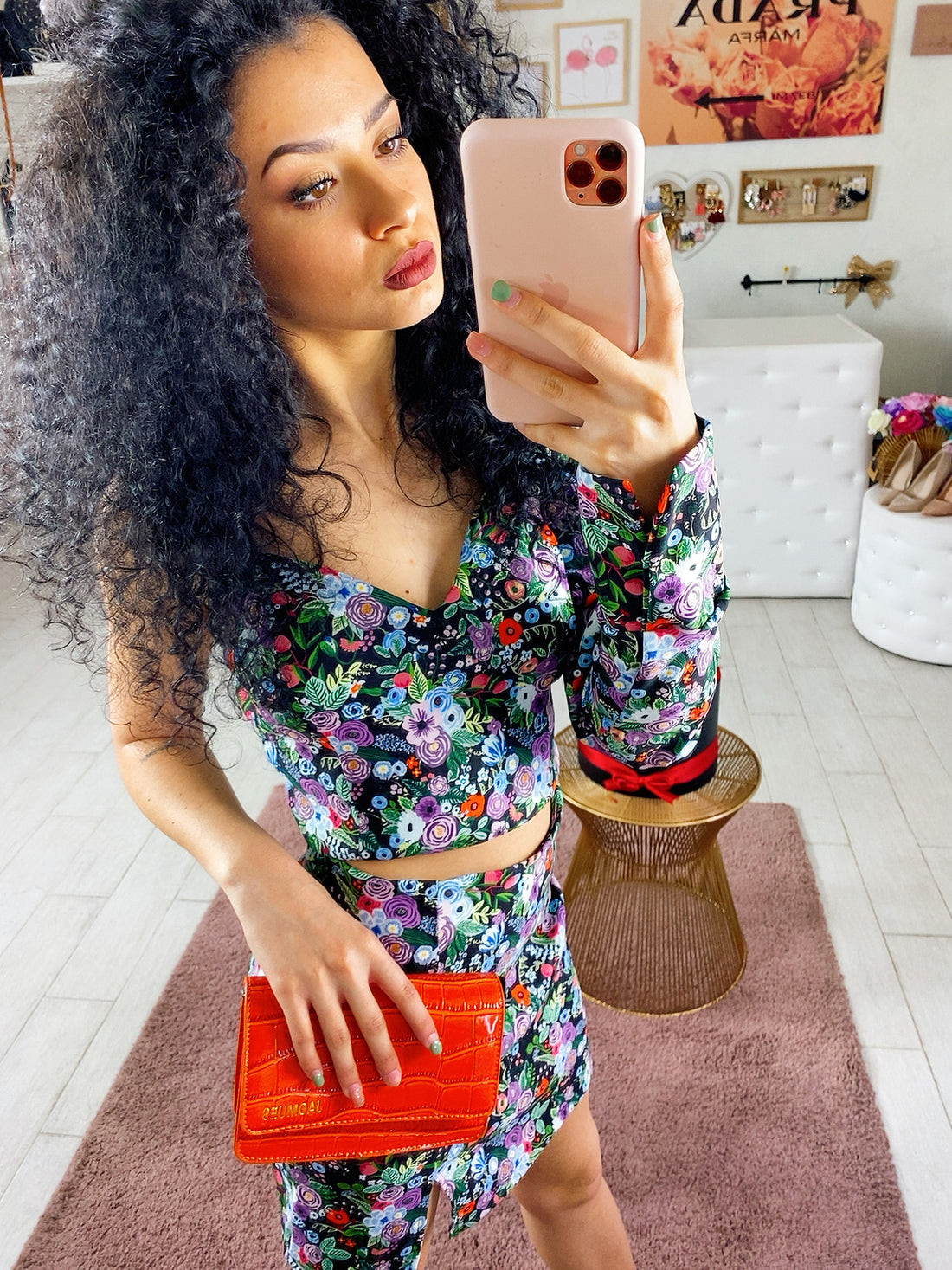 Completo top e gonna con fiori viola manica bombata - R.a. Boutique 