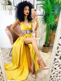 Abito in raso con maxi spacco Giallo - R.a. Boutique 