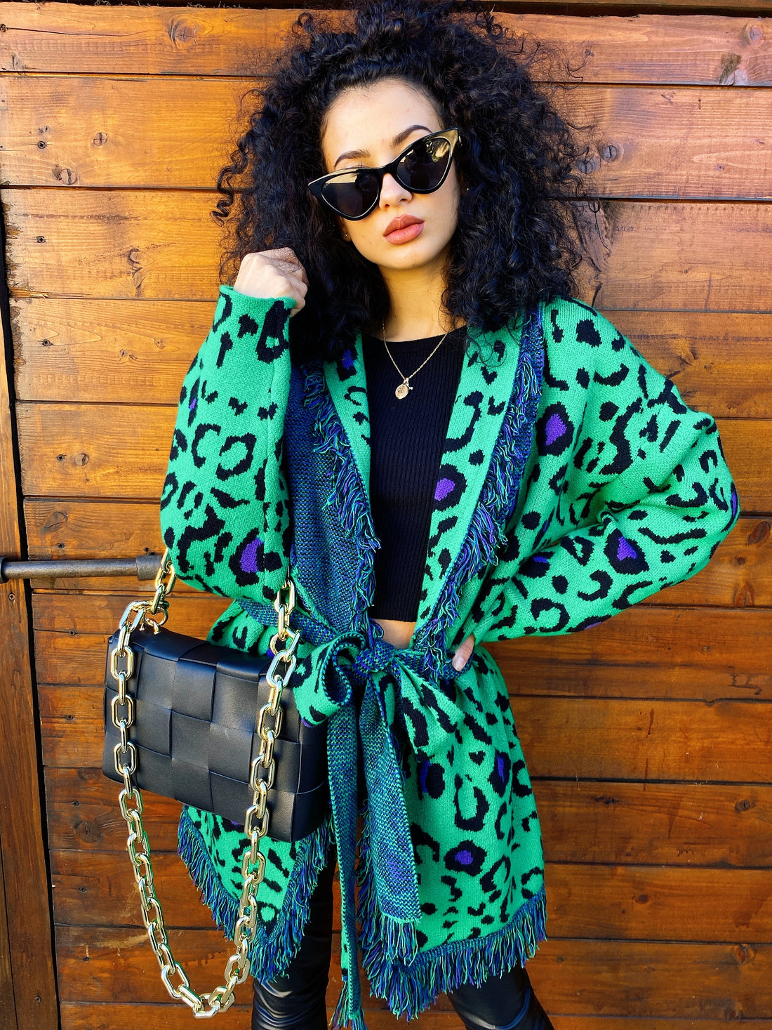 Cardigan verde con frange e cinta - R.a. Boutique 