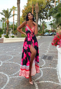 Abito in raso con maxi spacco fiori Fuxia - R.a. Boutique 