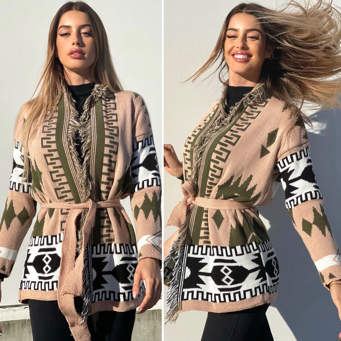 Cardigan frange e cinta dettaglio verde - R.a. Boutique 