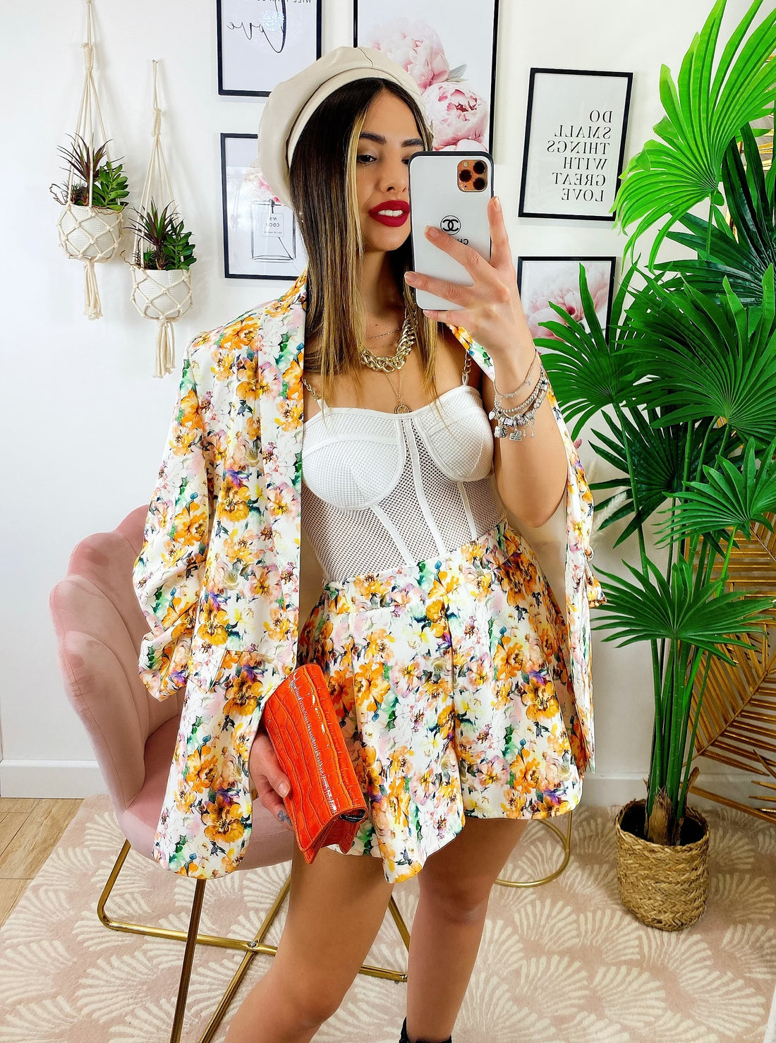 Completo Giacca e Short fiori Arancio - R.a. Boutique 