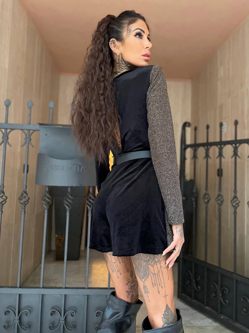 Tutina glitter nero e oro con cintura - R.a. Boutique 