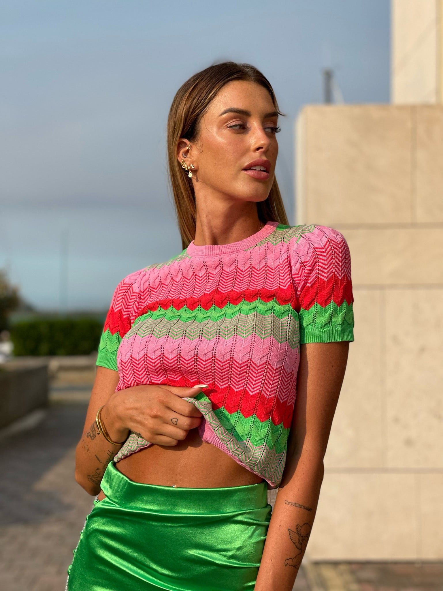 Maglia rosa e verde con cuori - R.a. Boutique 