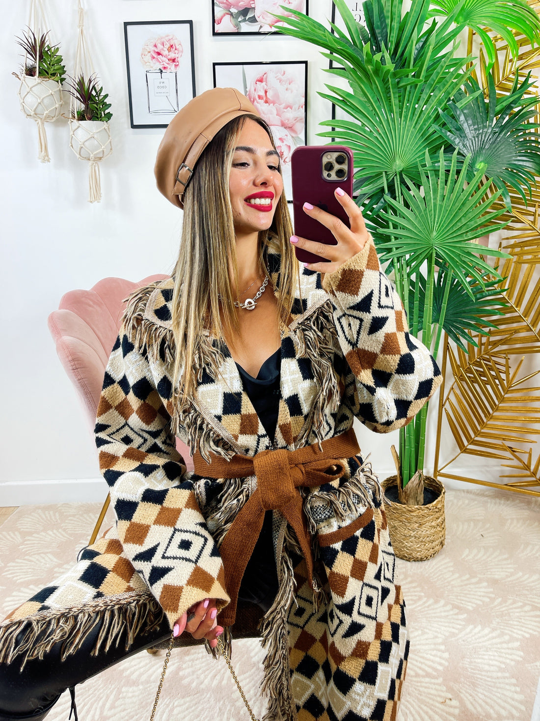 Cardigan lungo con frange e rombi colori tenui - R.a. Boutique 