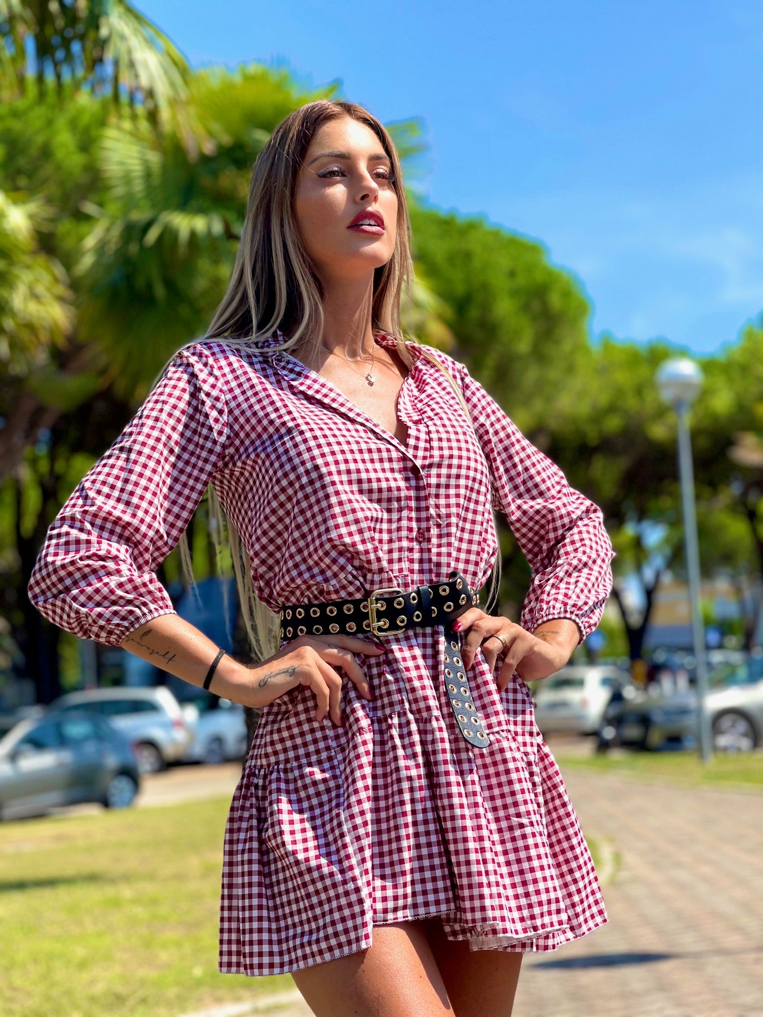 Maxi camicione a quadri bordeaux - R.a. Boutique 